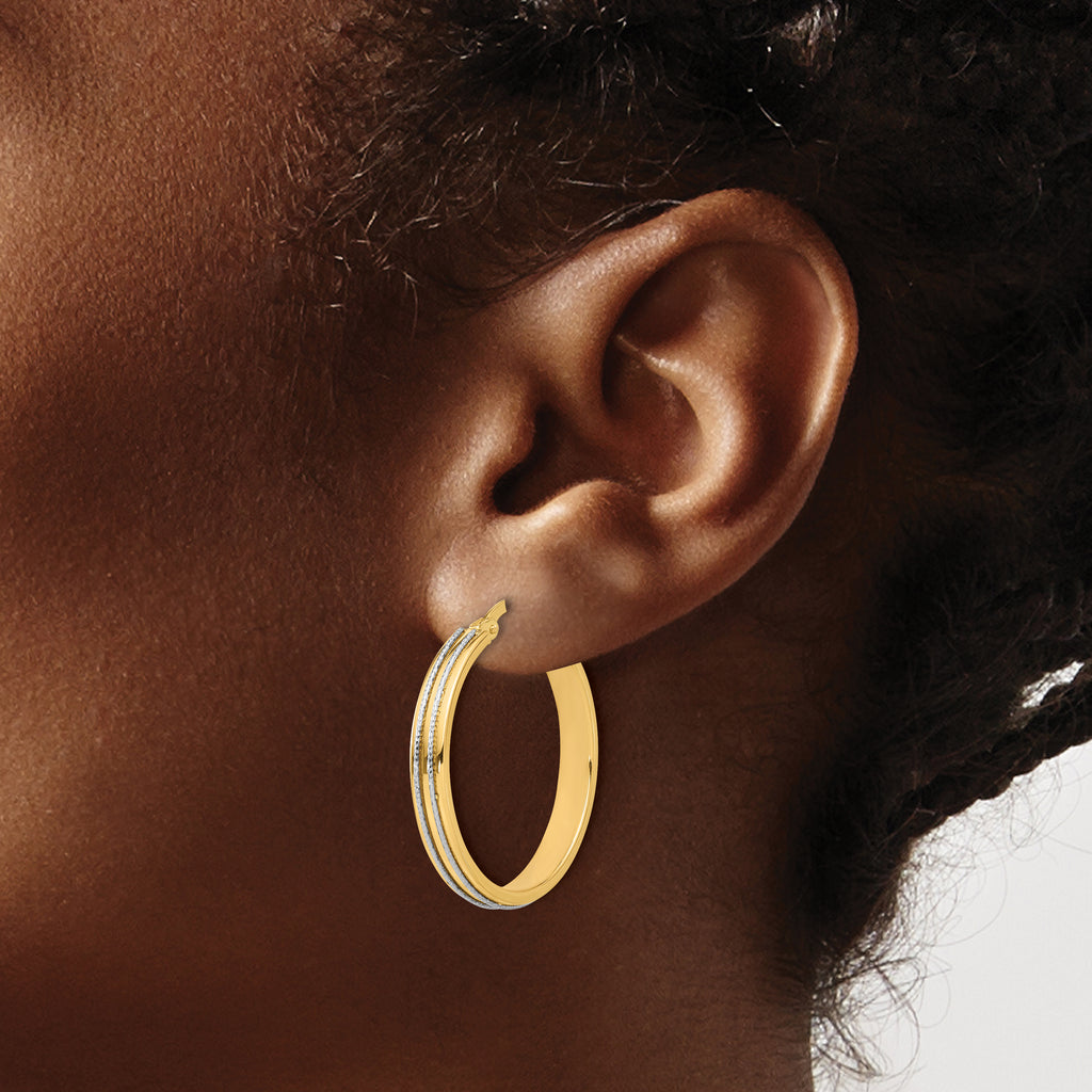 14K Two-tone Polished and Diamond-cut Hoop Earrings