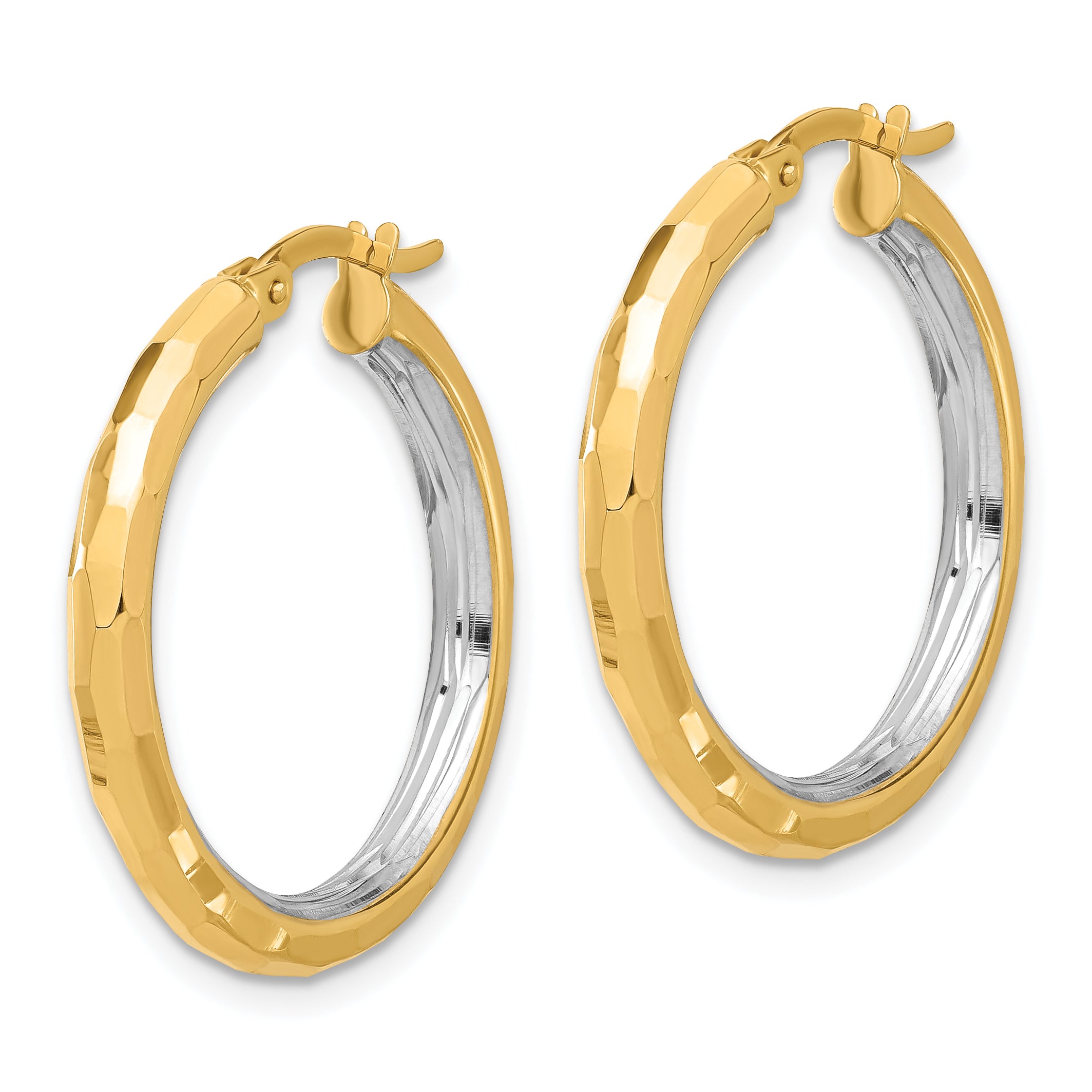 14K with White Rhodium Polished and Diamond-cut Hoop Earrings Secondary image