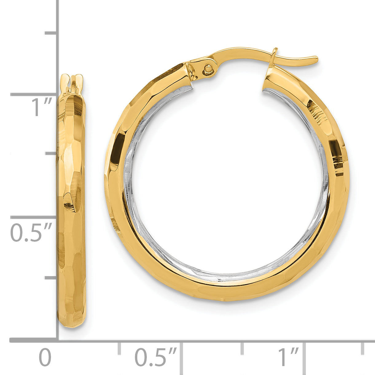 14K with White Rhodium Polished and Diamond-cut Hoop Earrings