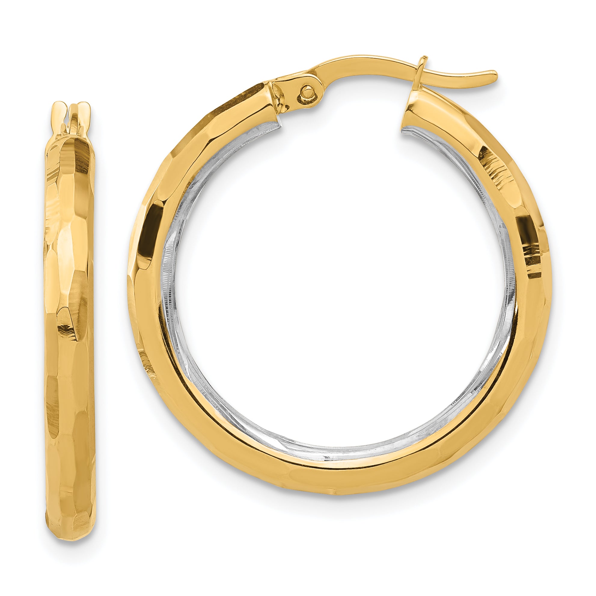 14K with White Rhodium Polished and Diamond-cut Hoop Earrings