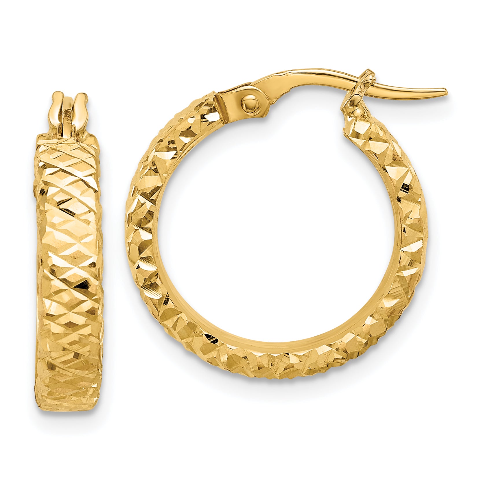 14K Polished 4mm Diamond Cut Hoop Earrings