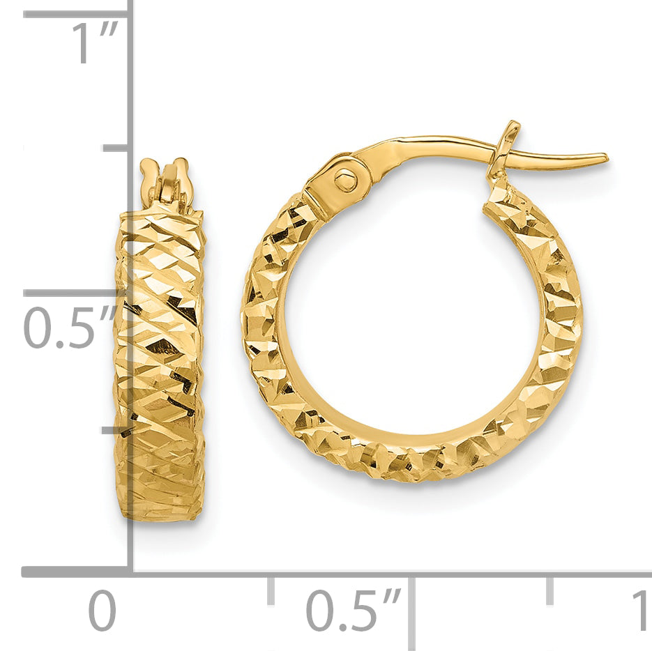 14K Polished 4mm Diamond Cut Hoop Earrings