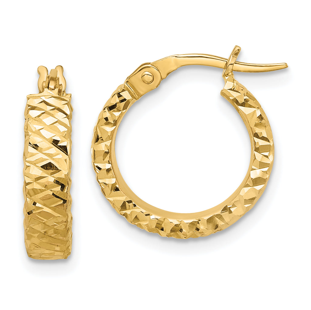 14K Polished 4mm Diamond Cut Hoop Earrings