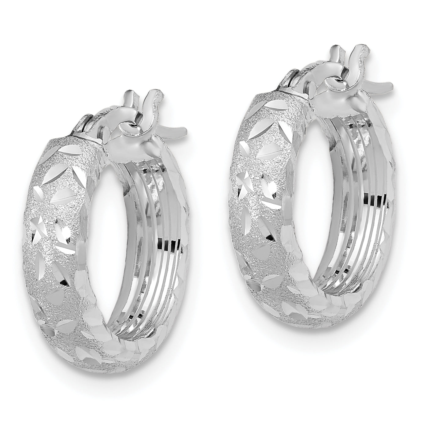 14K White Gold Satin 4mm Diamond Cut Hoop Earrings Secondary image