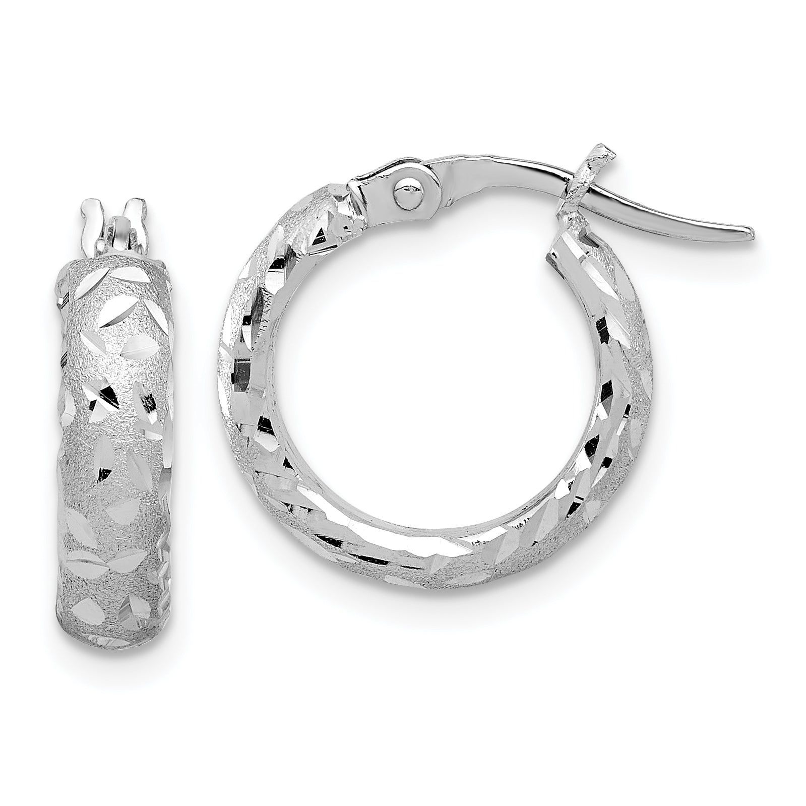 14K White Gold Satin 4mm Diamond Cut Hoop Earrings Main image