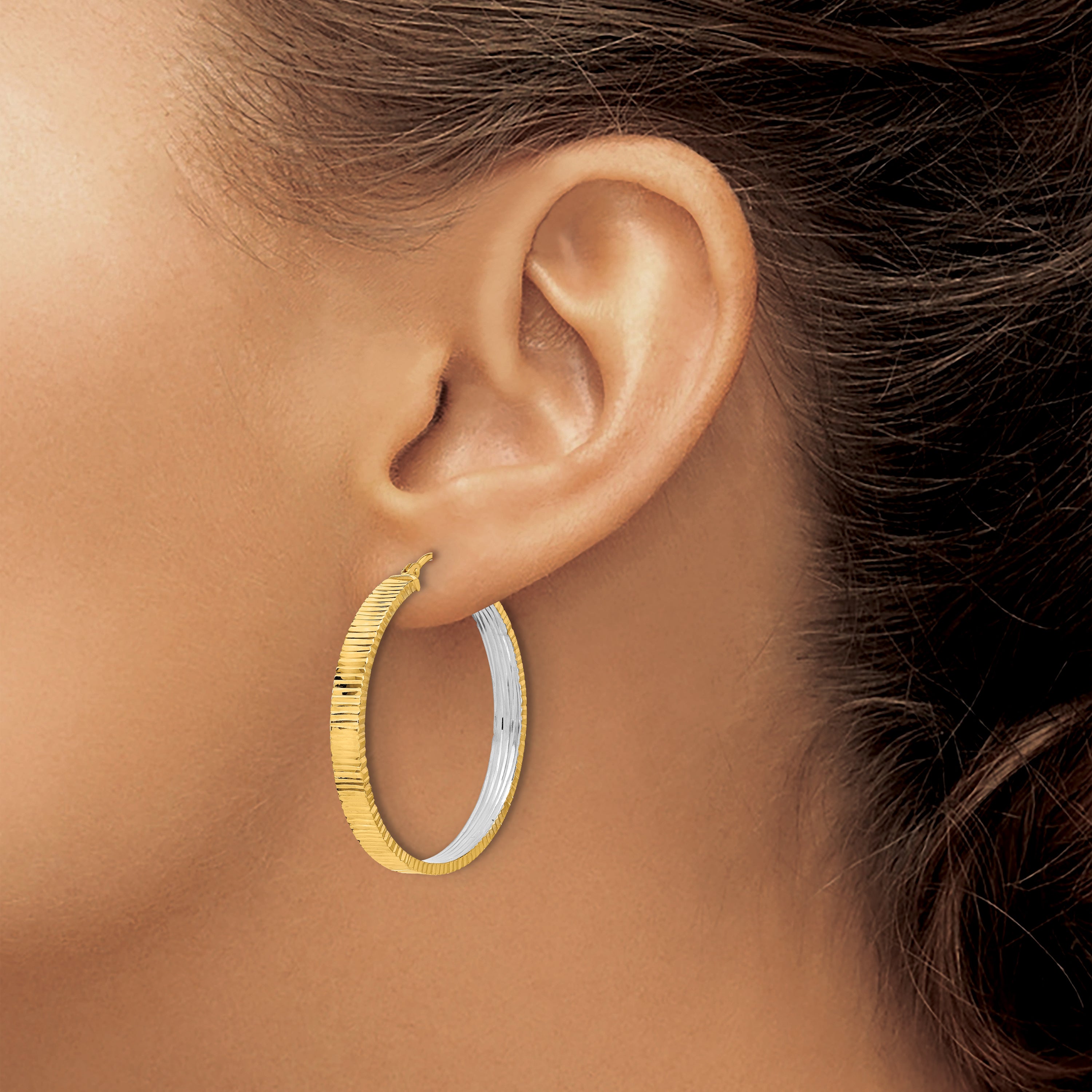 14K Polished and Rhodium Diamond-cut Circle Hoop Earrings