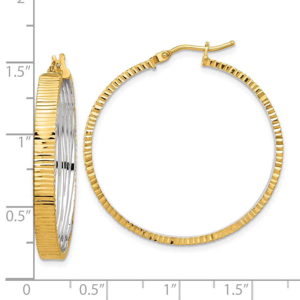 14K Polished and Rhodium Diamond-cut Circle Hoop Earrings