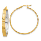 14K Polished and Rhodium Diamond-cut Circle Hoop Earrings