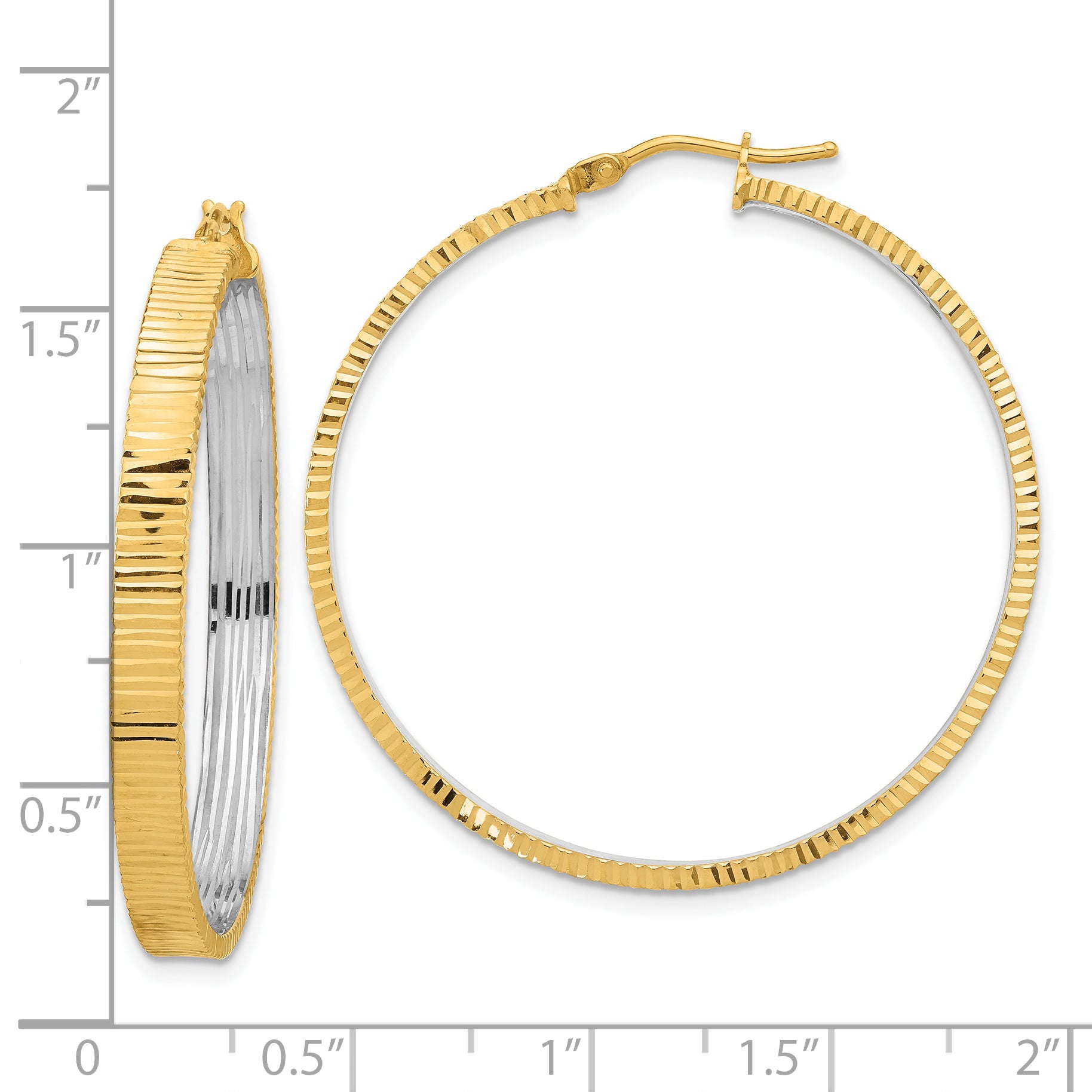 14K Polished and Rhodium Diamond-cut Circle Hoop Earrings