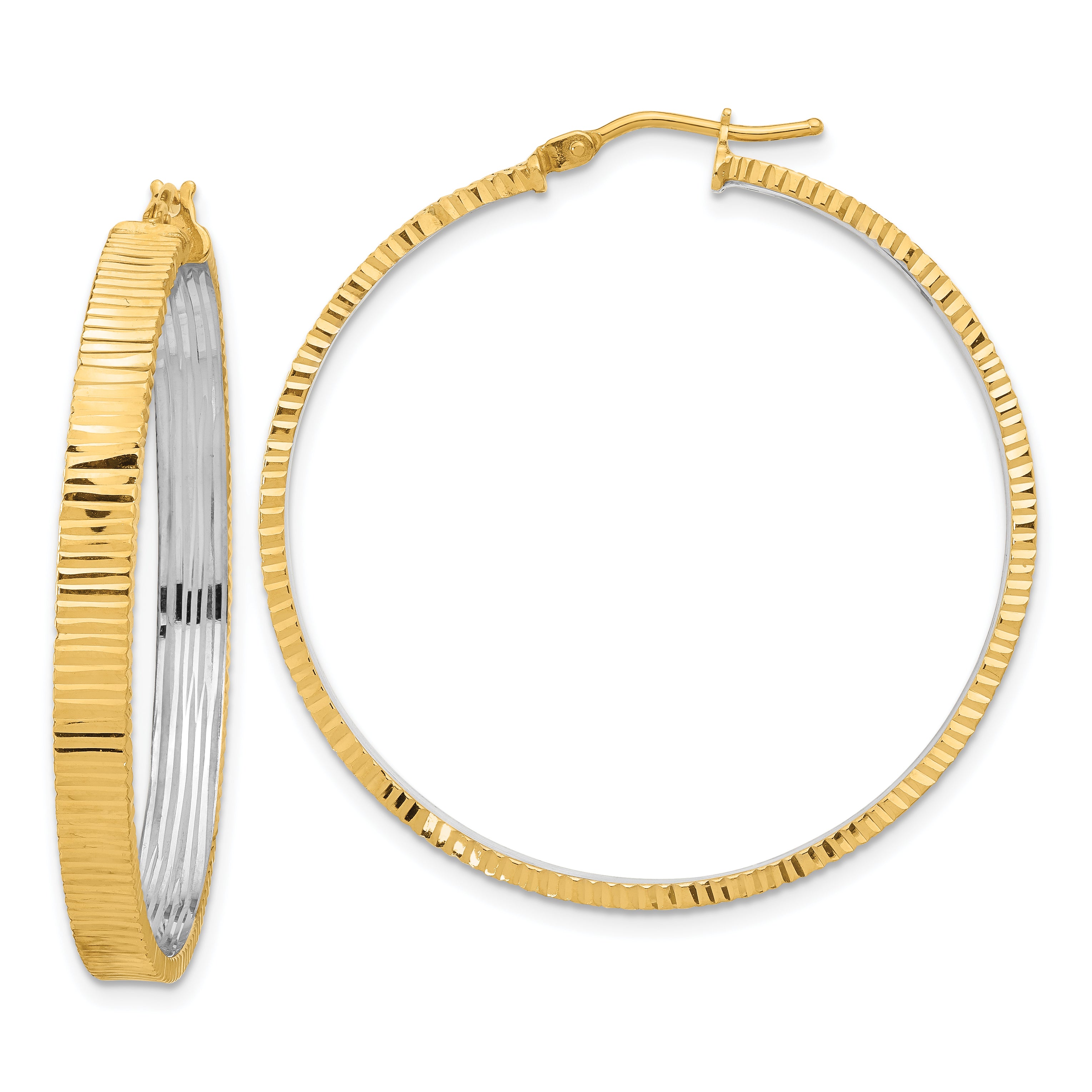 14K Polished and Rhodium Diamond-cut Circle Hoop Earrings