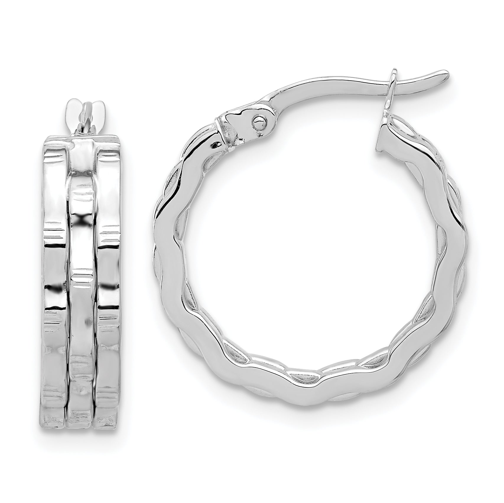 14K White Gold Polished and Textured Hoop Earrings Main image