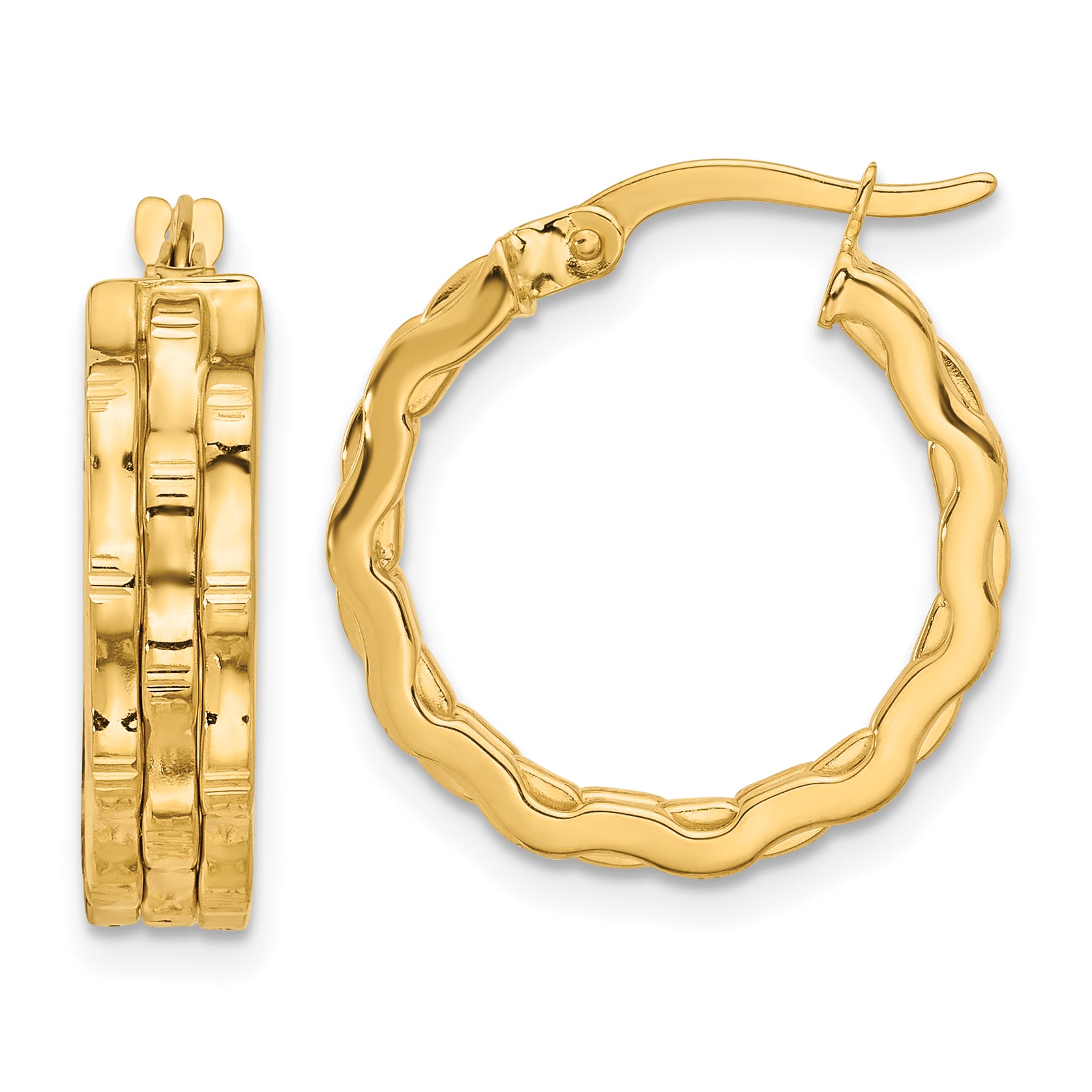 14K Polished and Textured Hoop Earrings