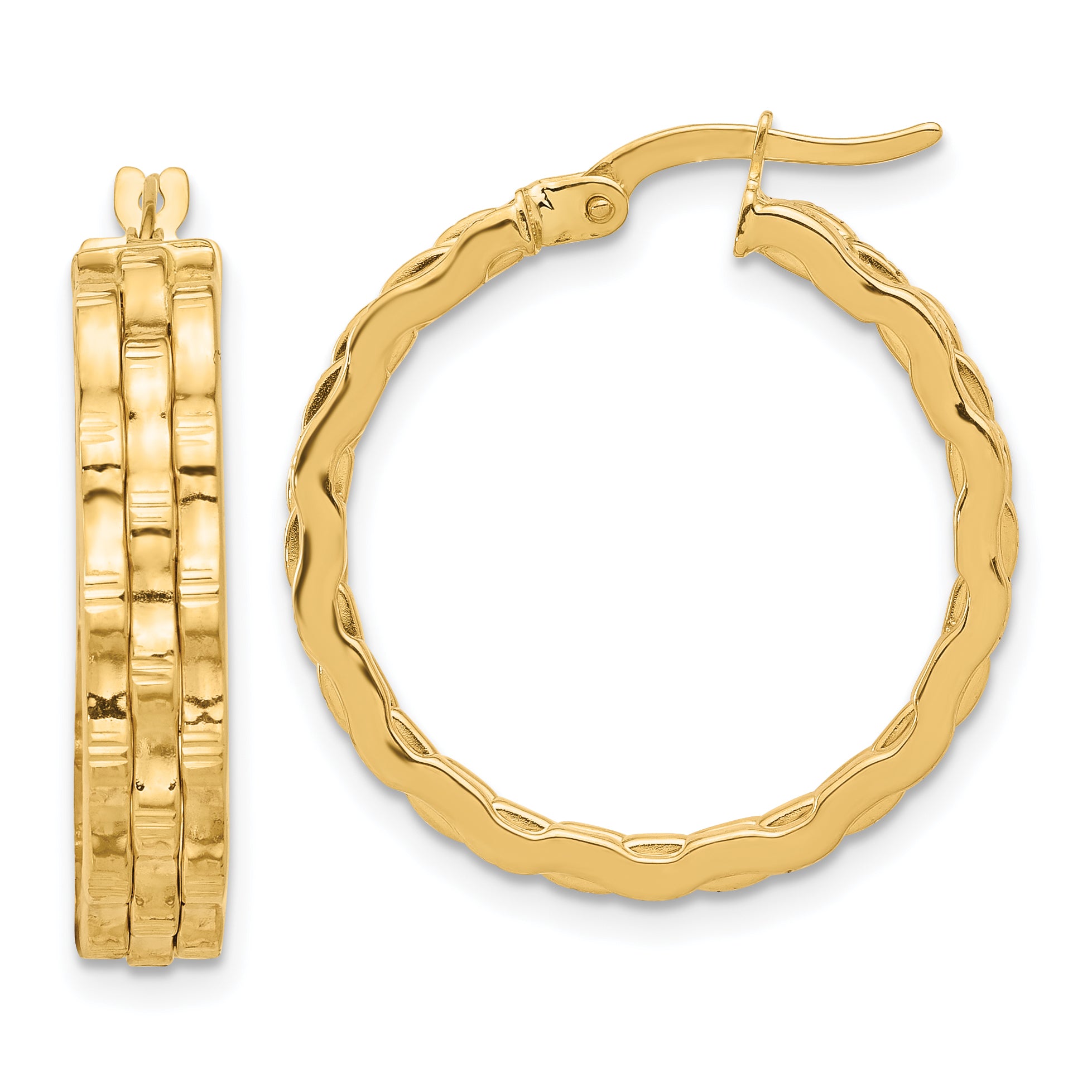 14K Polished and Textured Hoop Earrings Main image