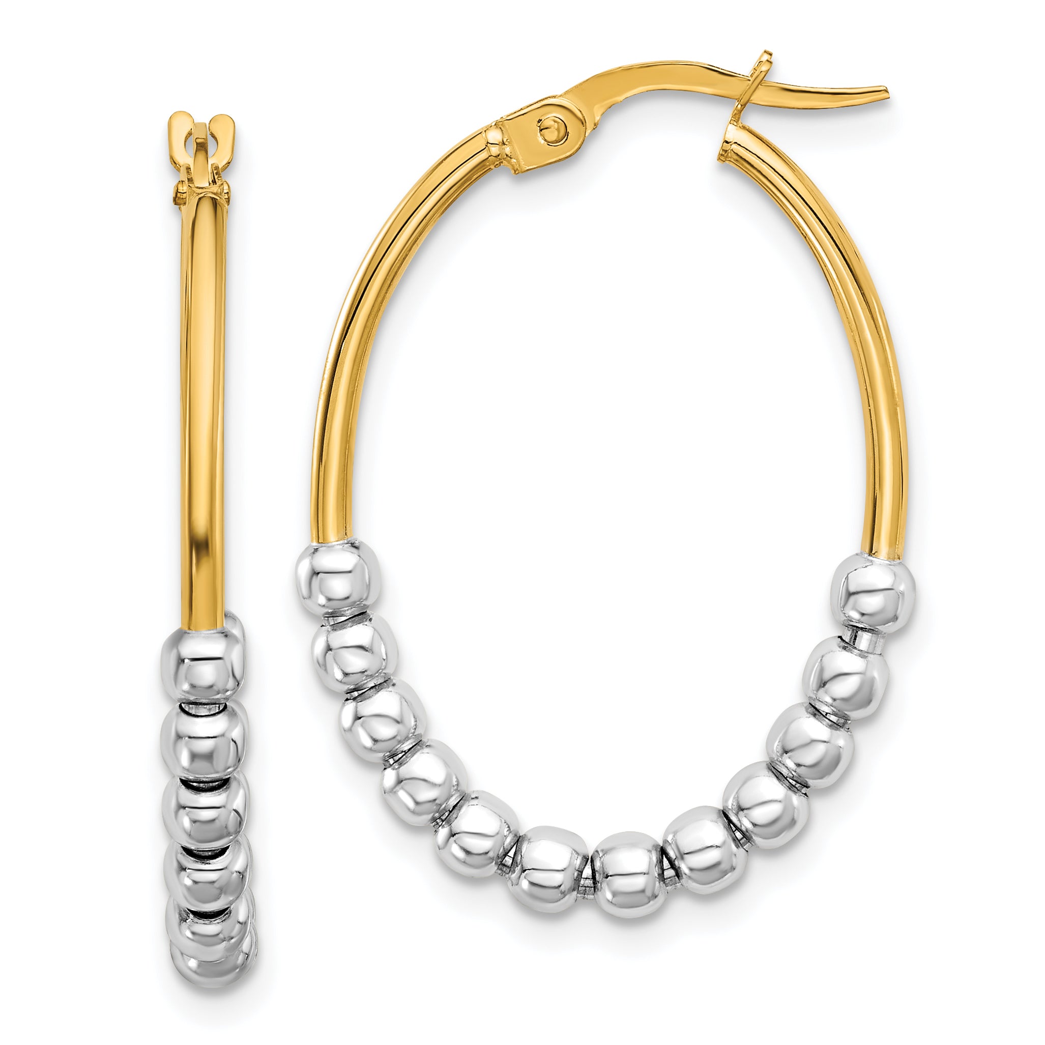 14K Two-tone Polished Beaded Oval Hoop Earrings