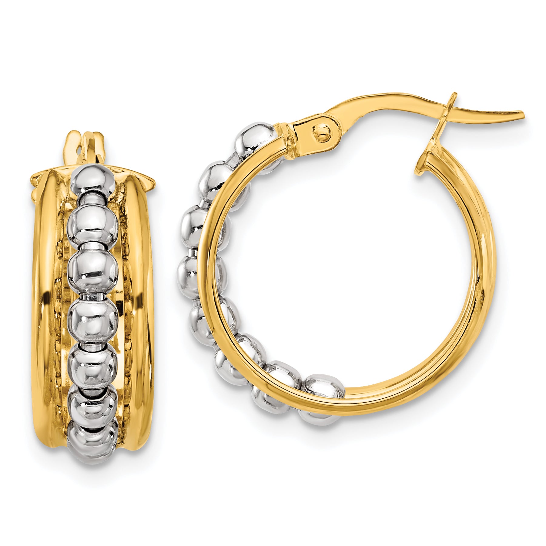 14K Two-tone Polished and Beaded Hoop Earrings