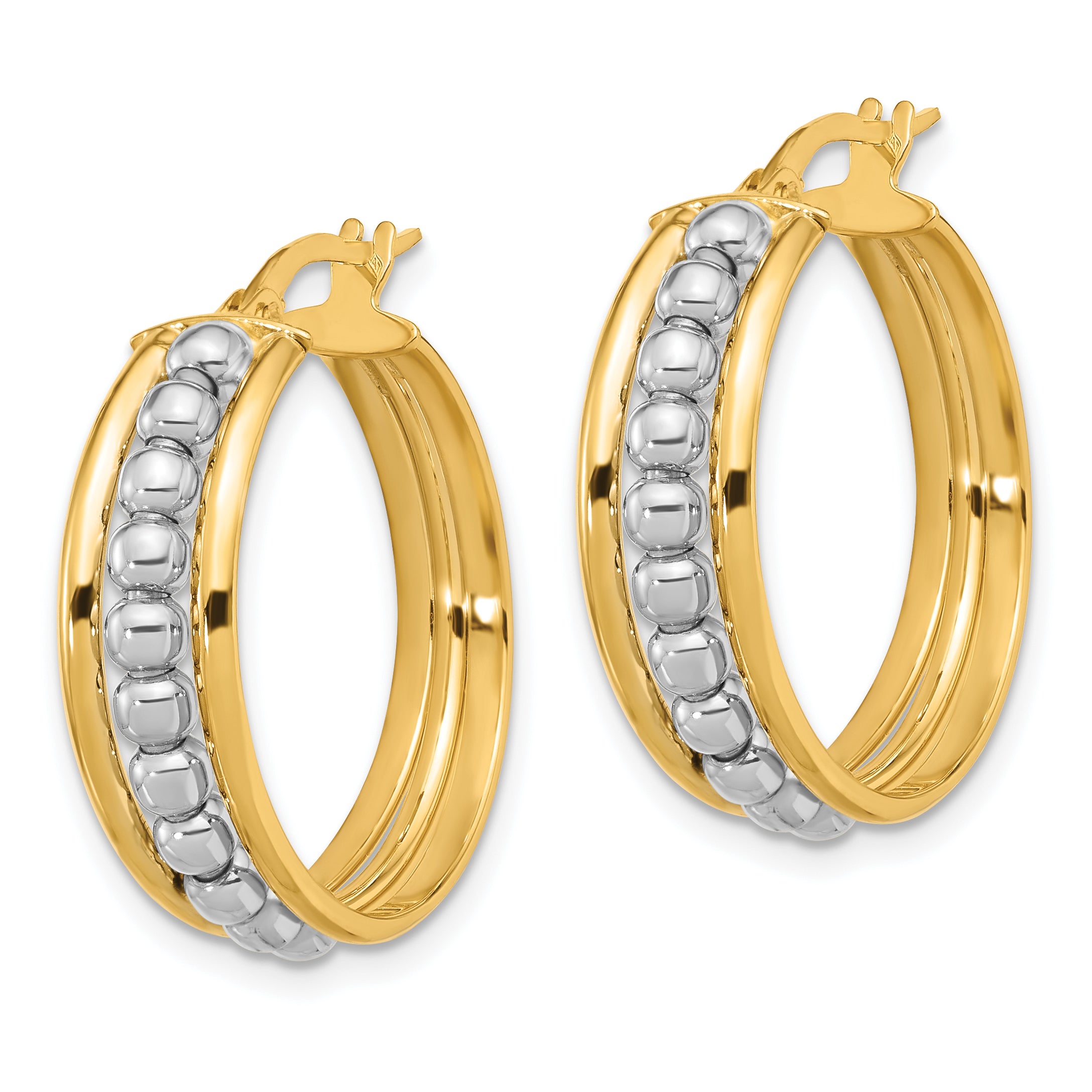 14K Two-tone Polished and Beaded Hoop Earrings Secondary image