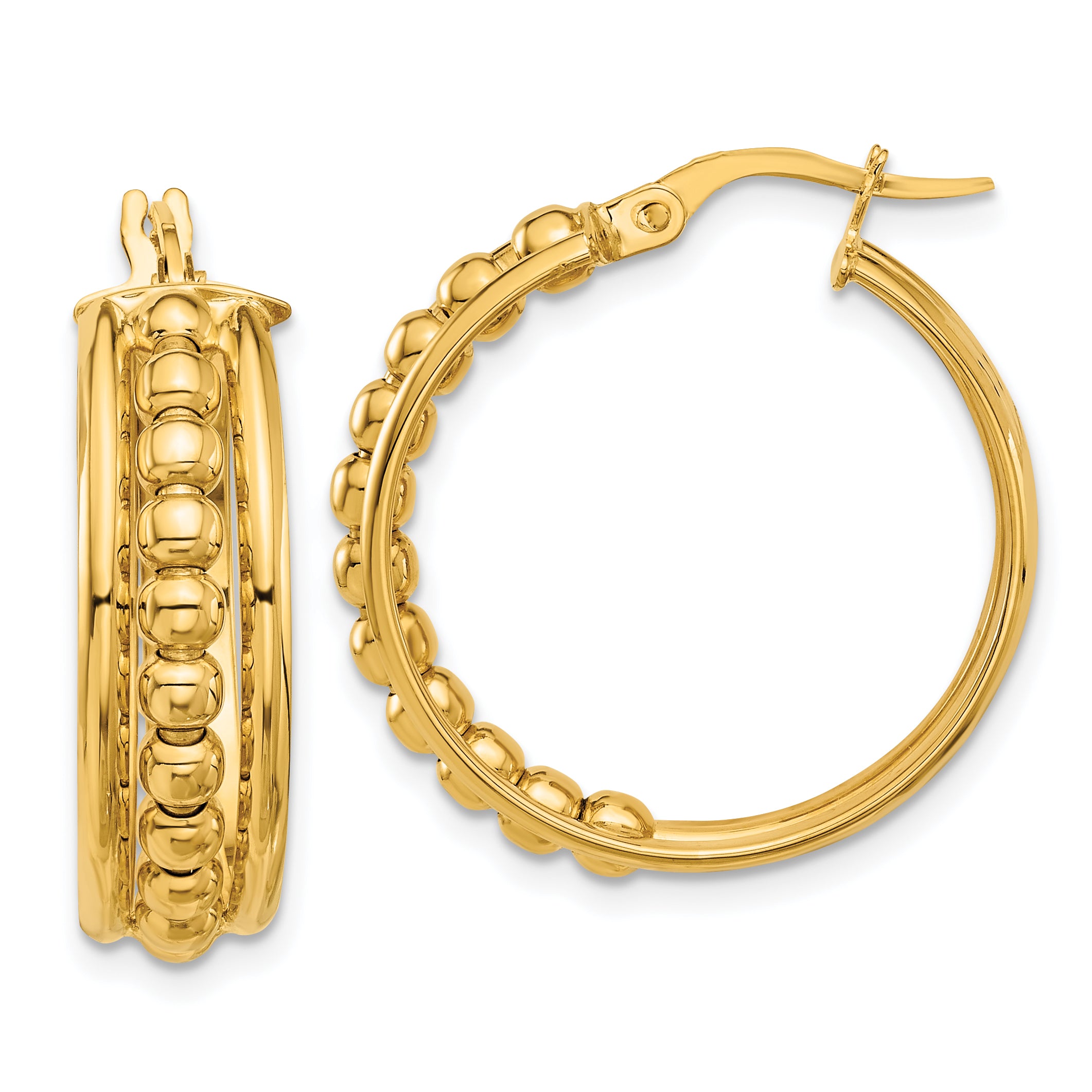 14K Polished and Beaded Hoop Earrings