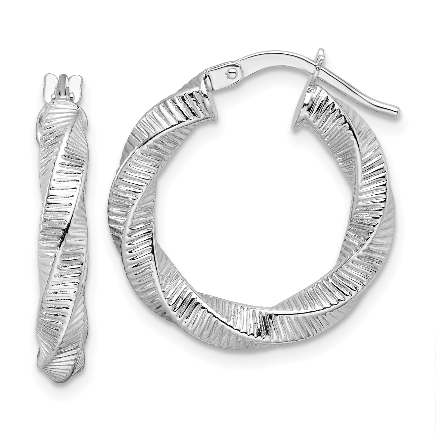 14k White Gold 3.5mm Twisted & Textured Round Hoop Earrings Main image