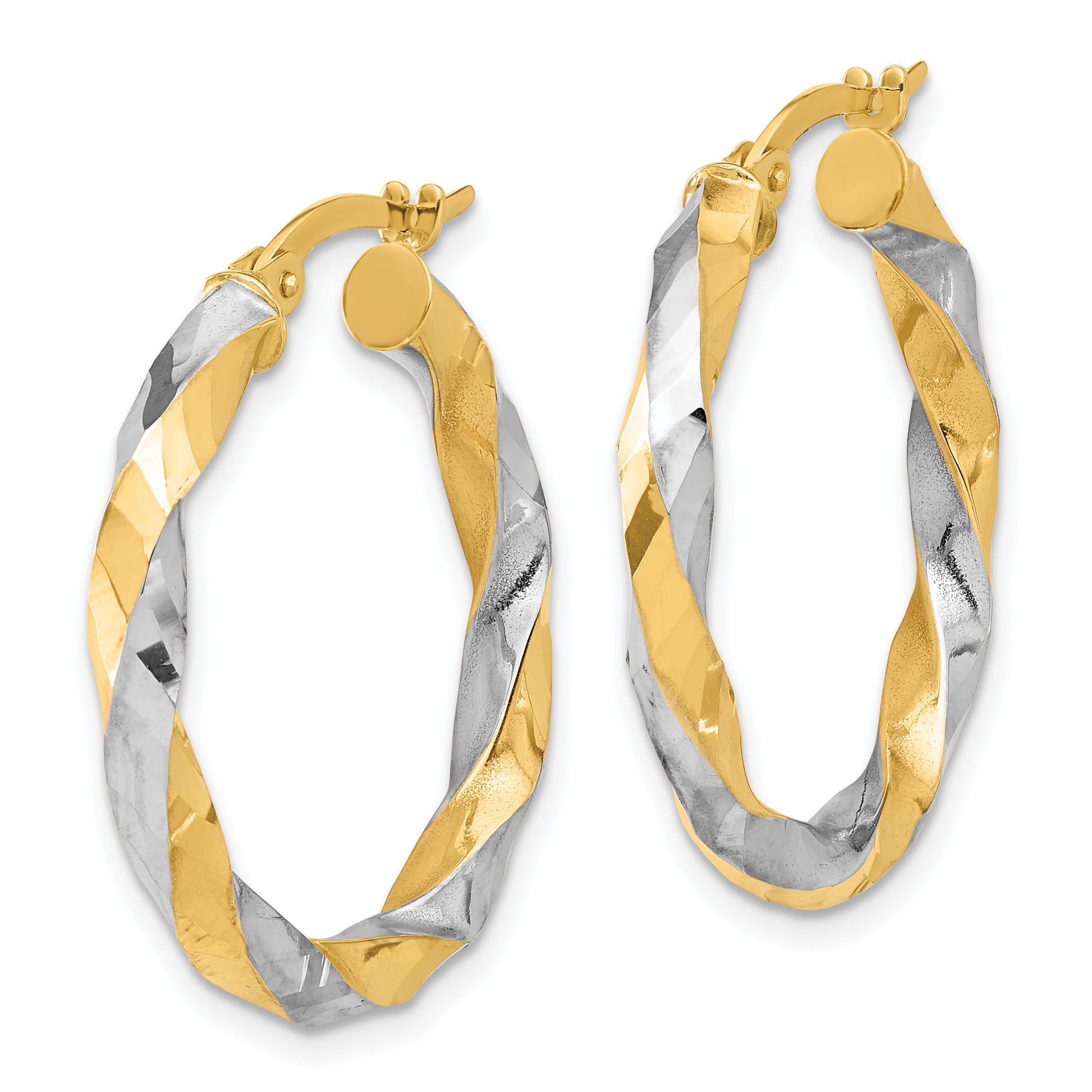 14K with White Rhodium Polished and Diamond-cut Twisted Hoop Earrings Secondary image