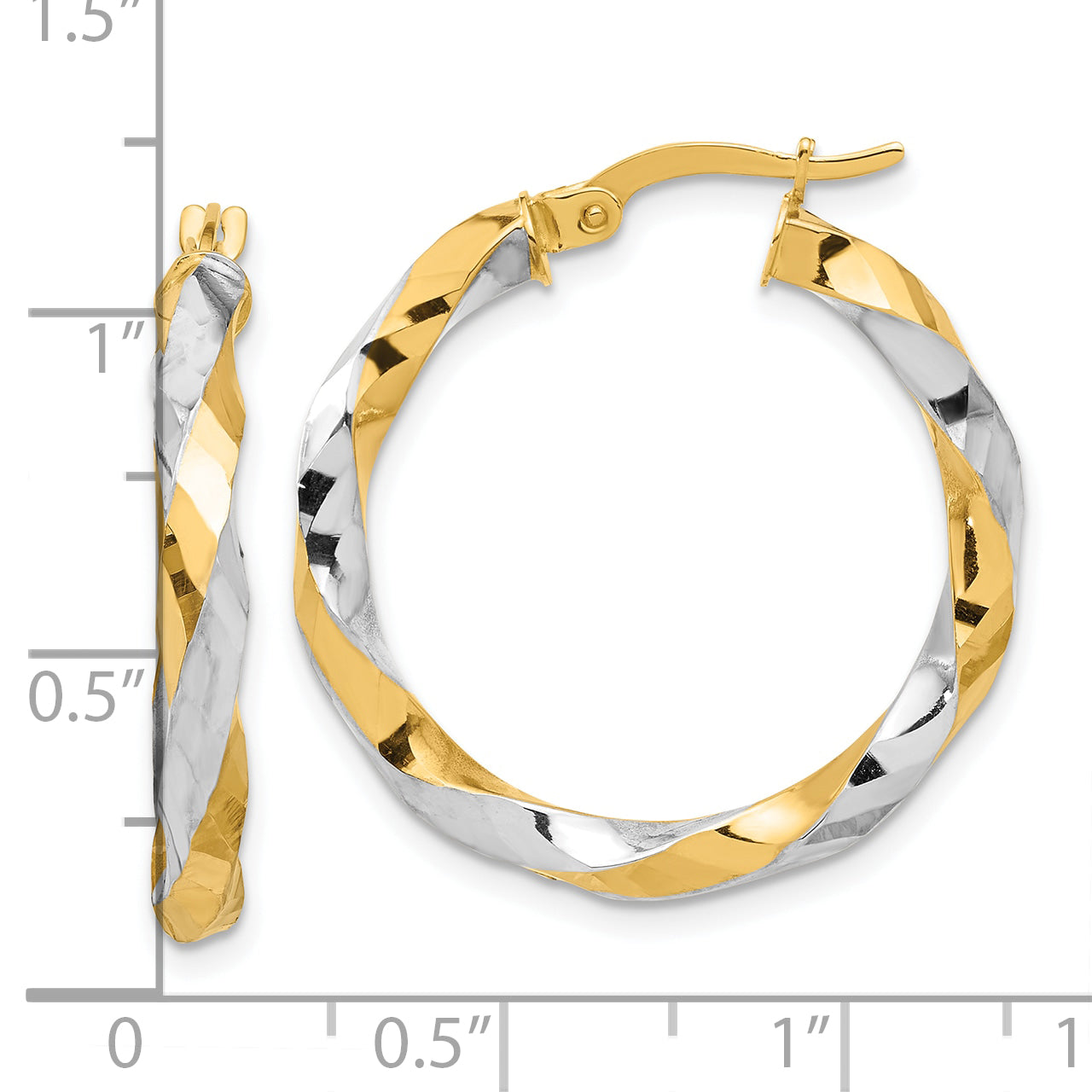 14K with White Rhodium Polished and Diamond-cut Twisted Hoop Earrings