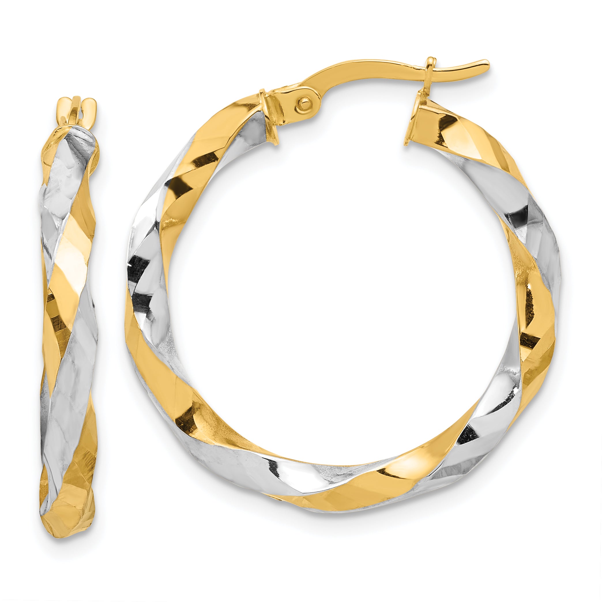 14K with White Rhodium Polished and Diamond-cut Twisted Hoop Earrings Main image