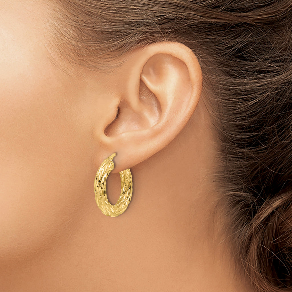 14ky Polished Woven Texture 4.75mm Round Hoop Earrings