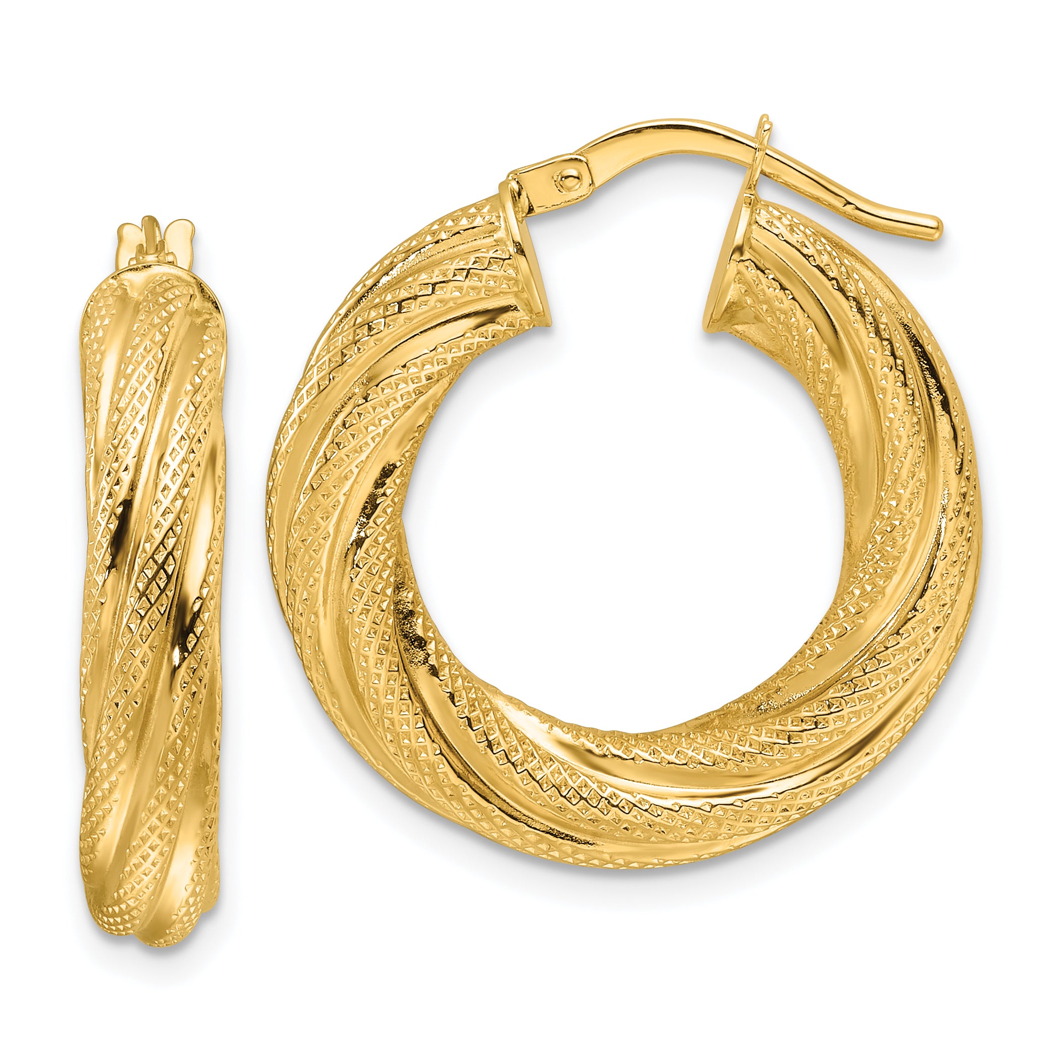 14ky Polished 4.7mm Textured Twist Round Hoop Earrings