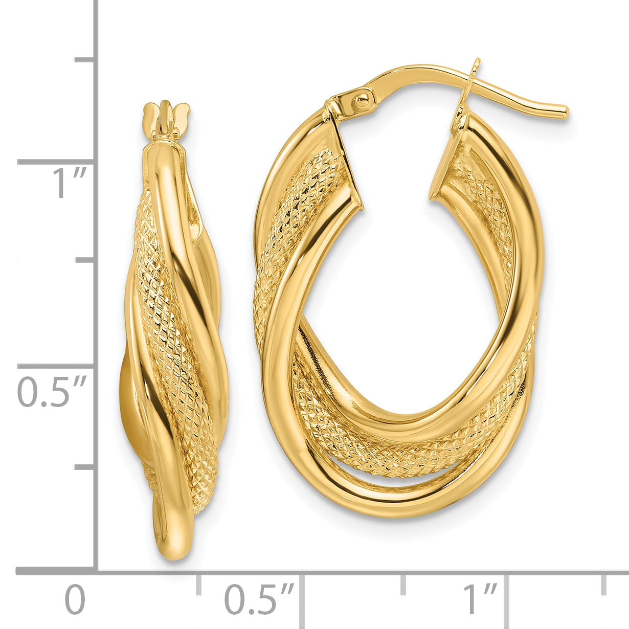 14ky Polished Textured & Intertwined Oval Hoop Earrings
