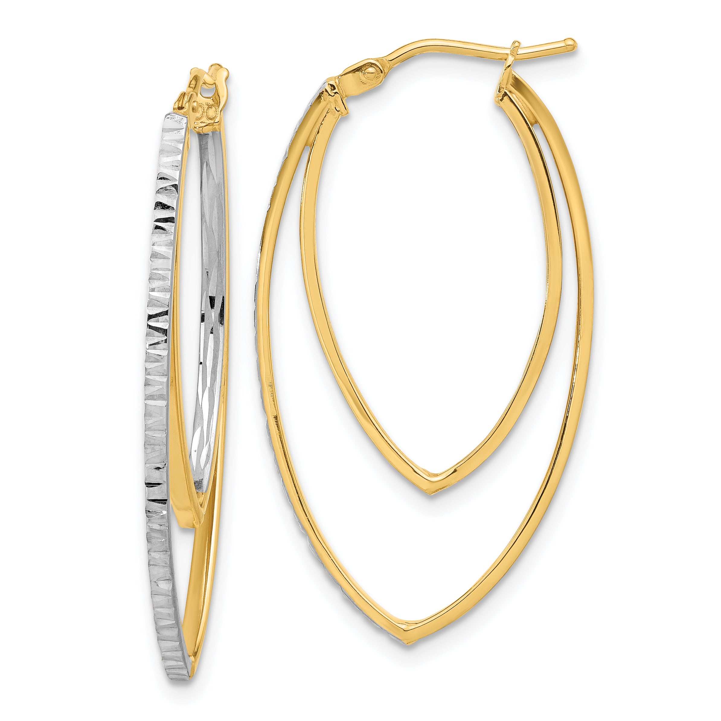 14K Polished and Rhodium Diamond-cut V Shape Hoop Earrings
