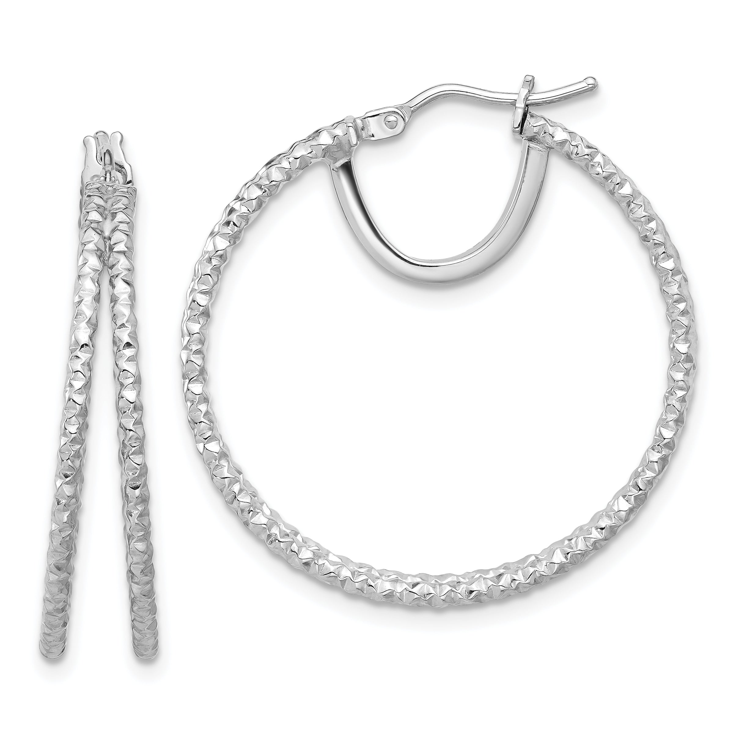 14K White Gold Polish and Textured Double Circle Hoop Earrings Main image