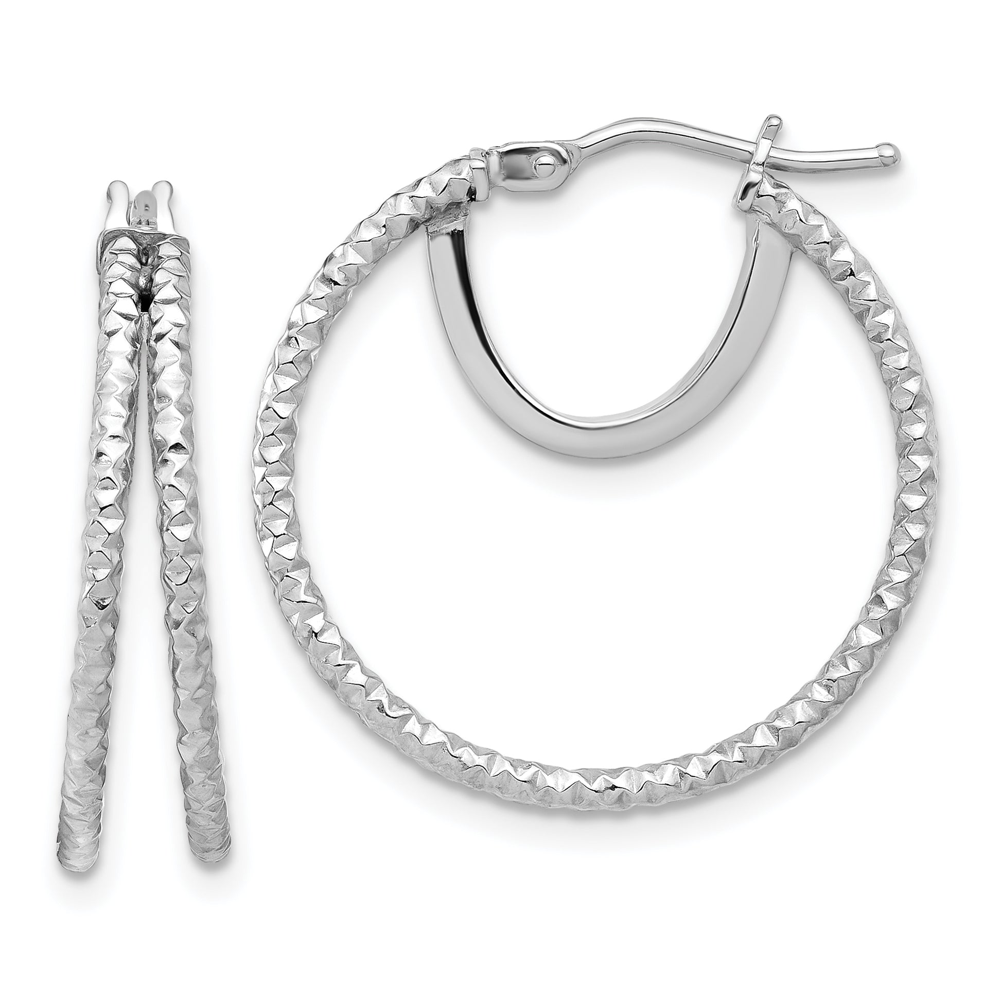 14K White Gold Polish and Textured Double Circle Hoop Earrings Main image