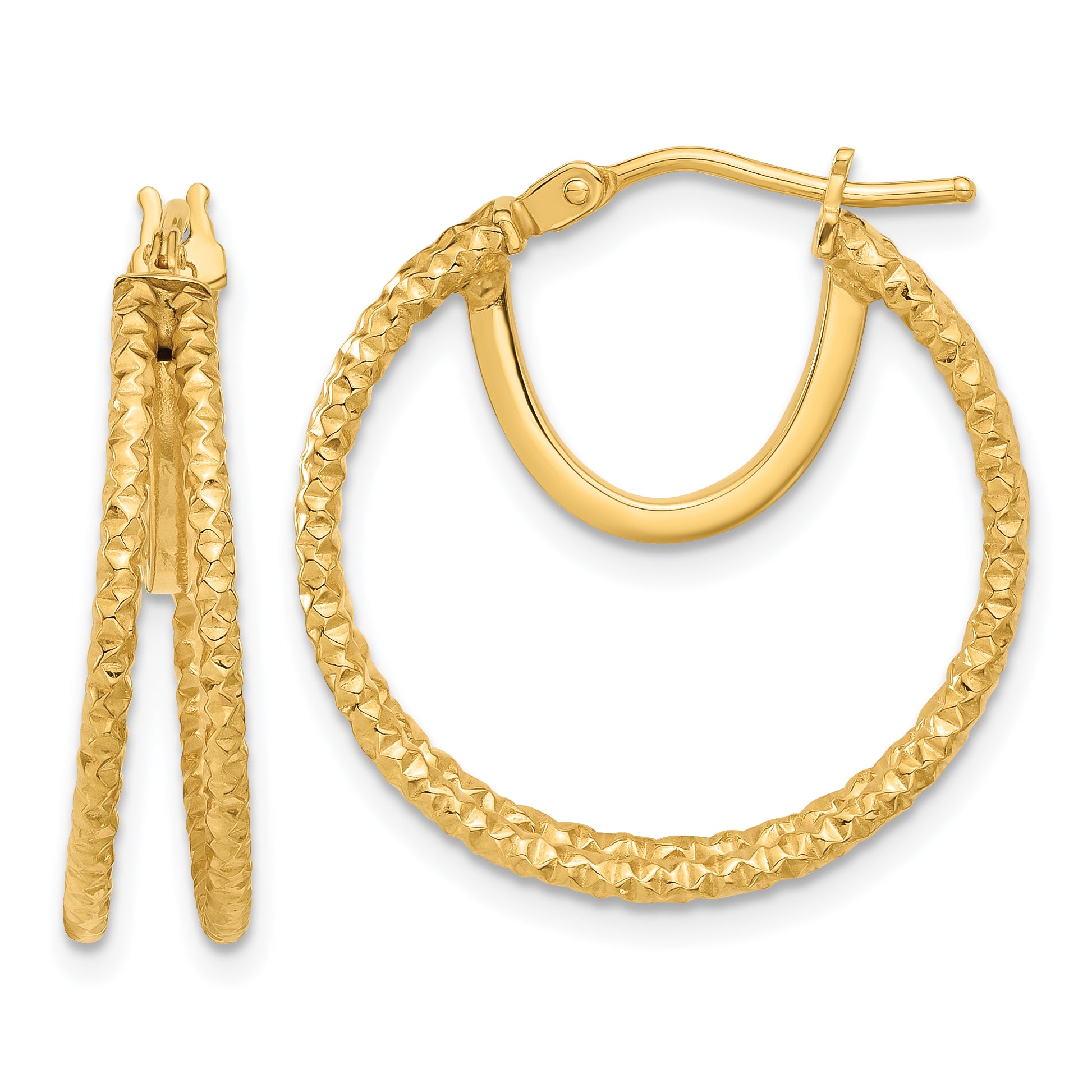 14K Polished and Textured Double Circle Hoop Earrings Main image