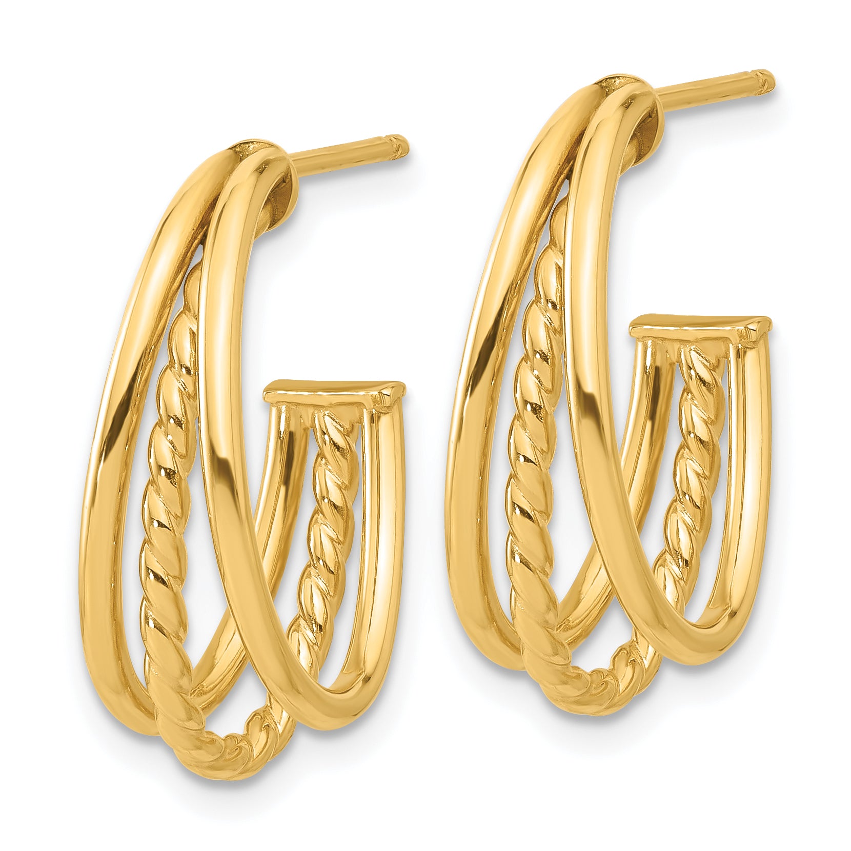 14K Polished and Twist Oval Multi Row J-Hoop Post Earrings Secondary image