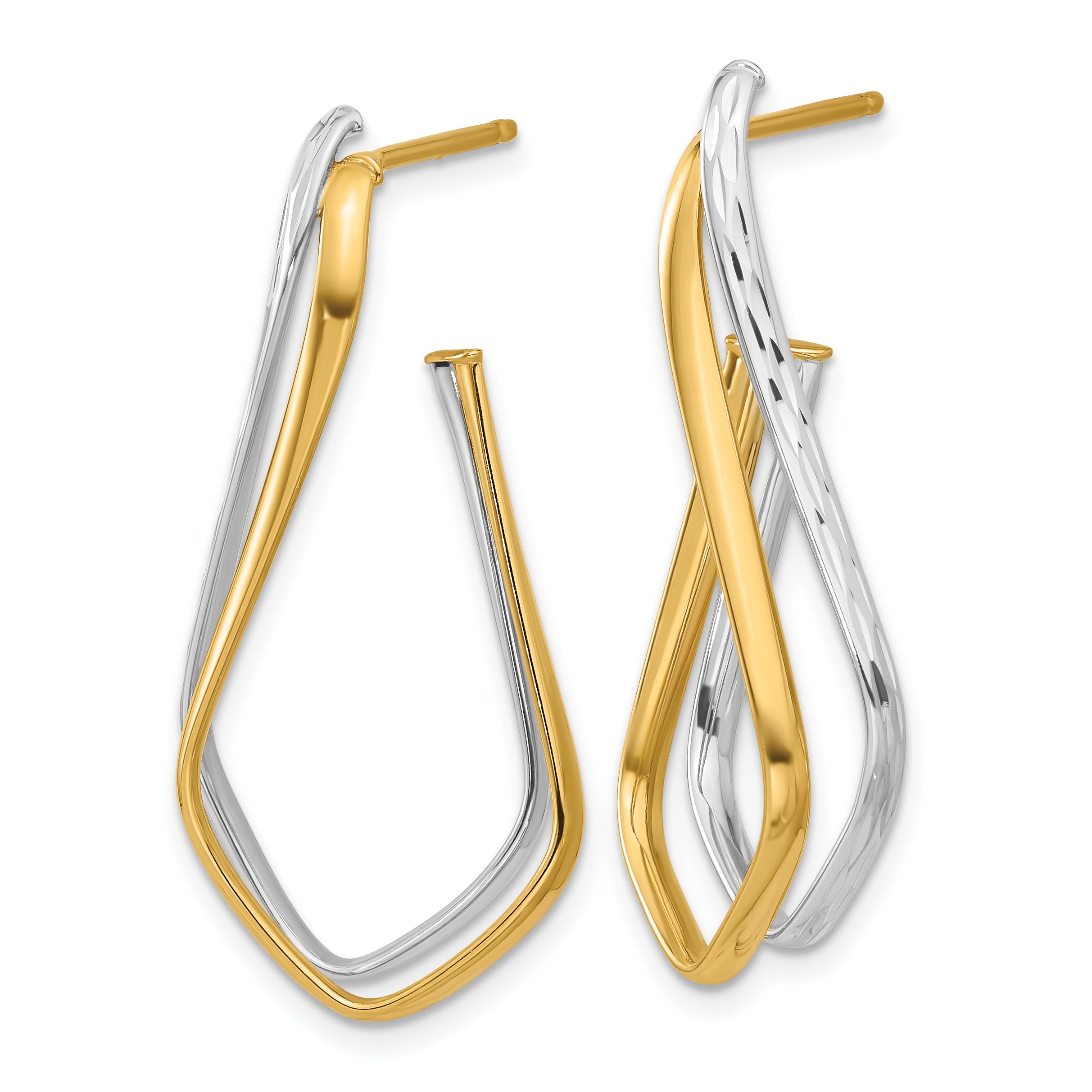 14K Two-tone Polished Diamond-cut Twisted J-Hoop Post Earrings Secondary image