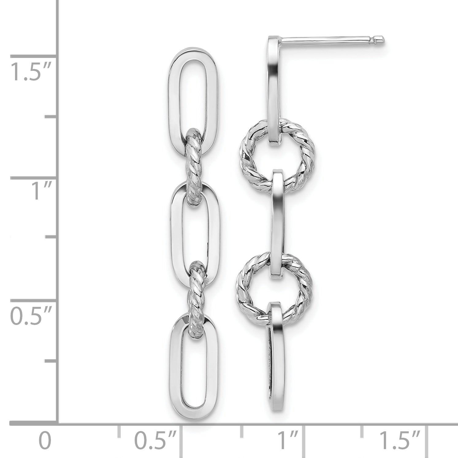 14K White Gold Polish and Twisted Chain Link Dangle Post Earrings