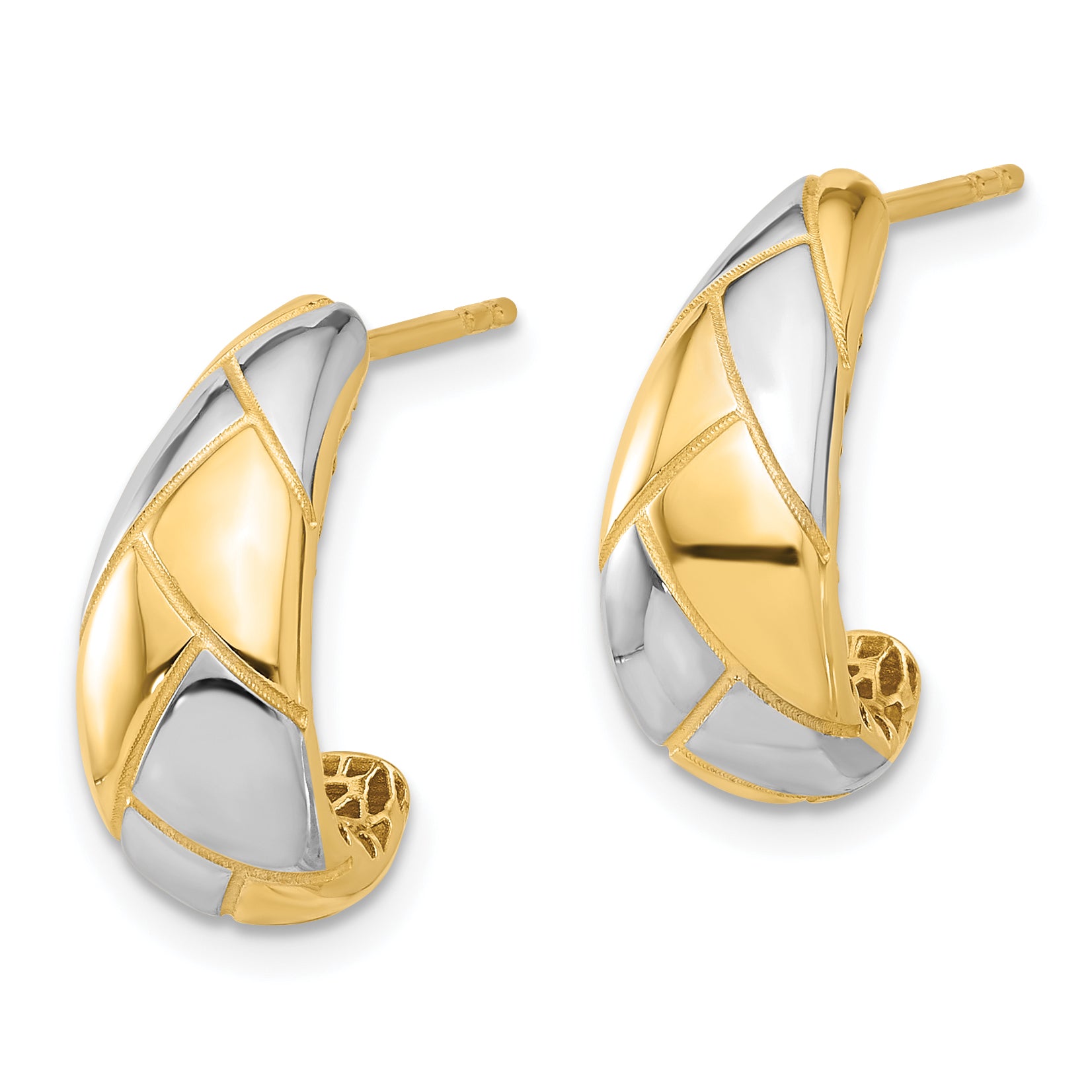 14K with White Rhodium Polished and Etched J-Hoop Post Earrings Secondary image