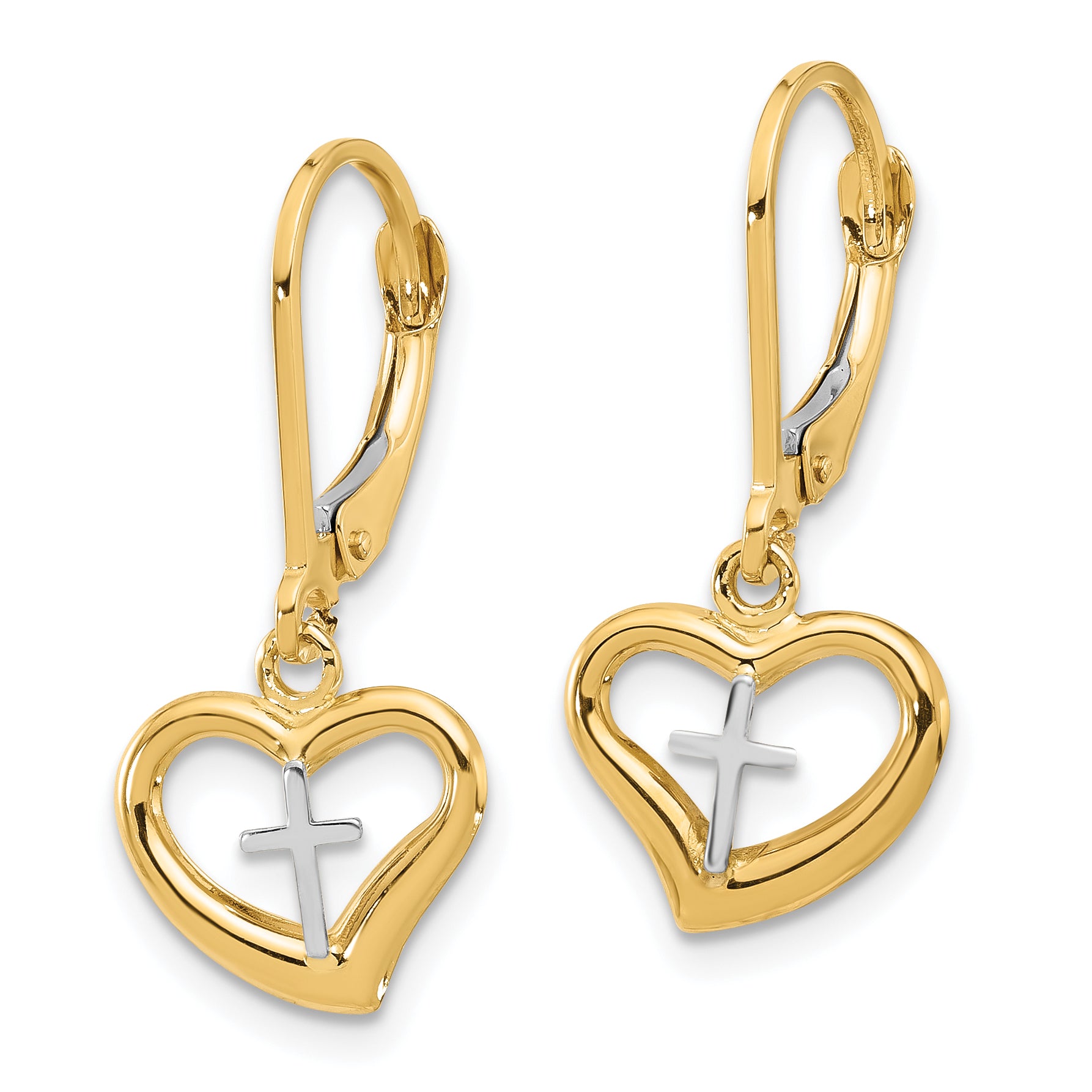 14K Two-tone Polished Cross in Heart Leverback Dangle Earrings Secondary image