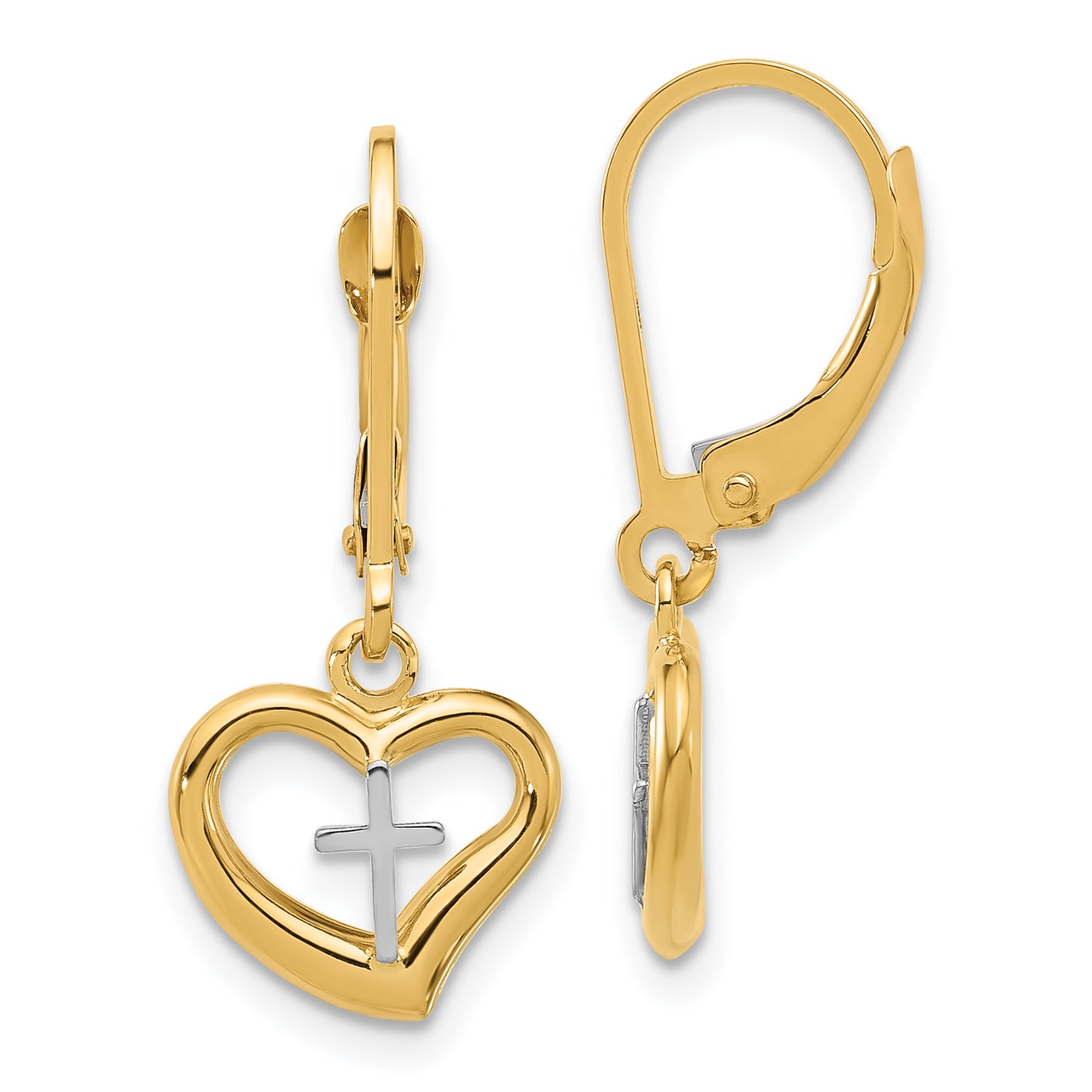 14K Two-tone Polished Cross in Heart Leverback Dangle Earrings Main image