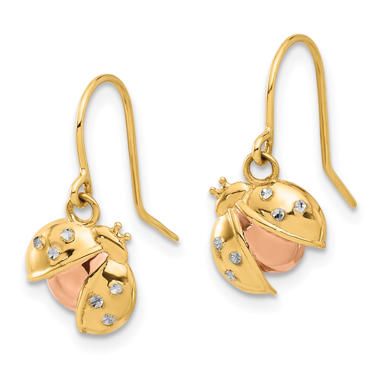 14k w/Rose and White Rhodium D/C Ladybug Dangle Earrings
