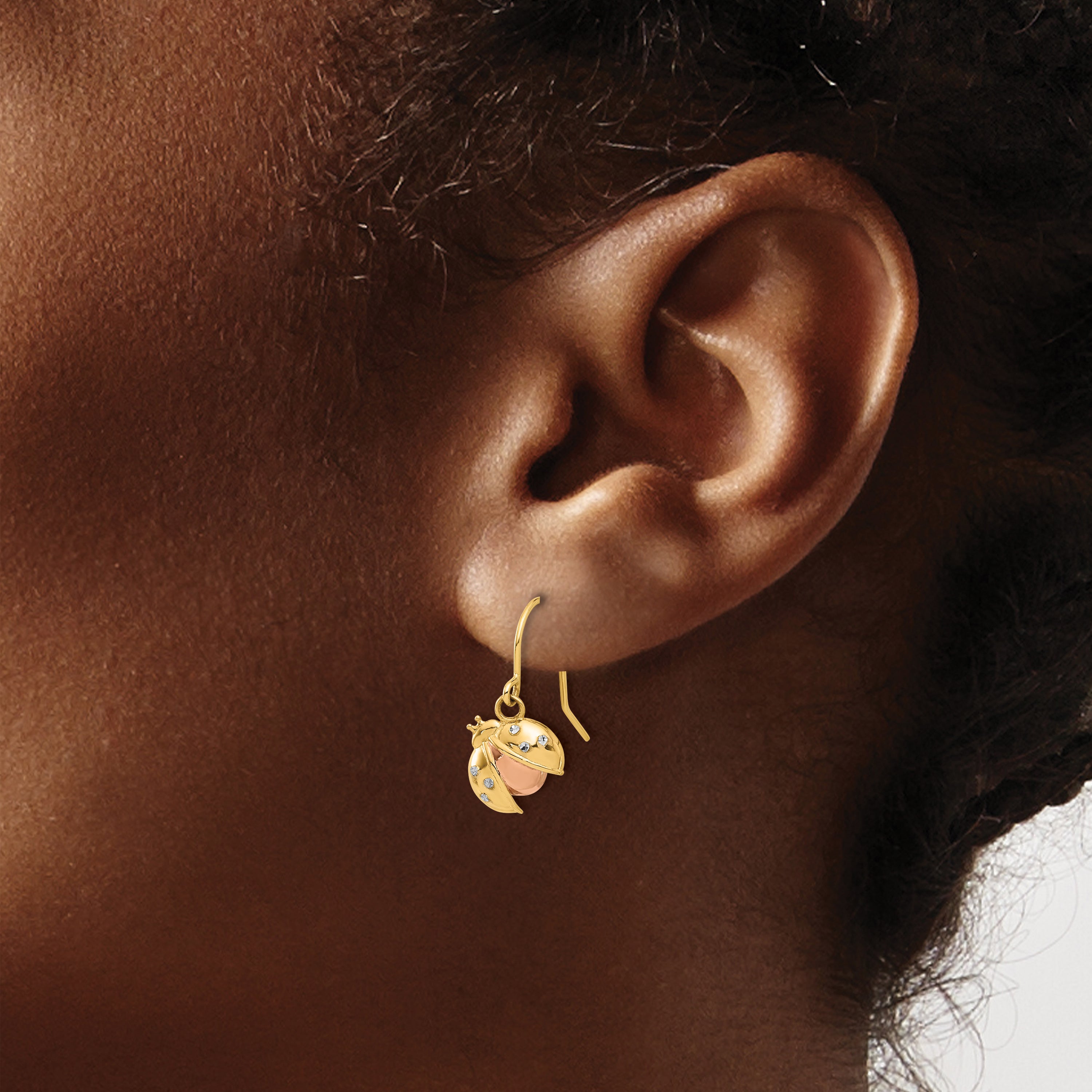 14k w/Rose and White Rhodium D/C Ladybug Dangle Earrings