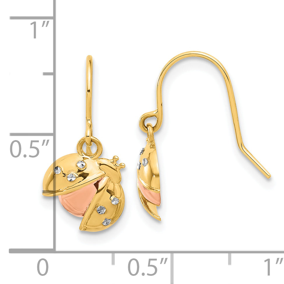 14k w/Rose and White Rhodium D/C Ladybug Dangle Earrings