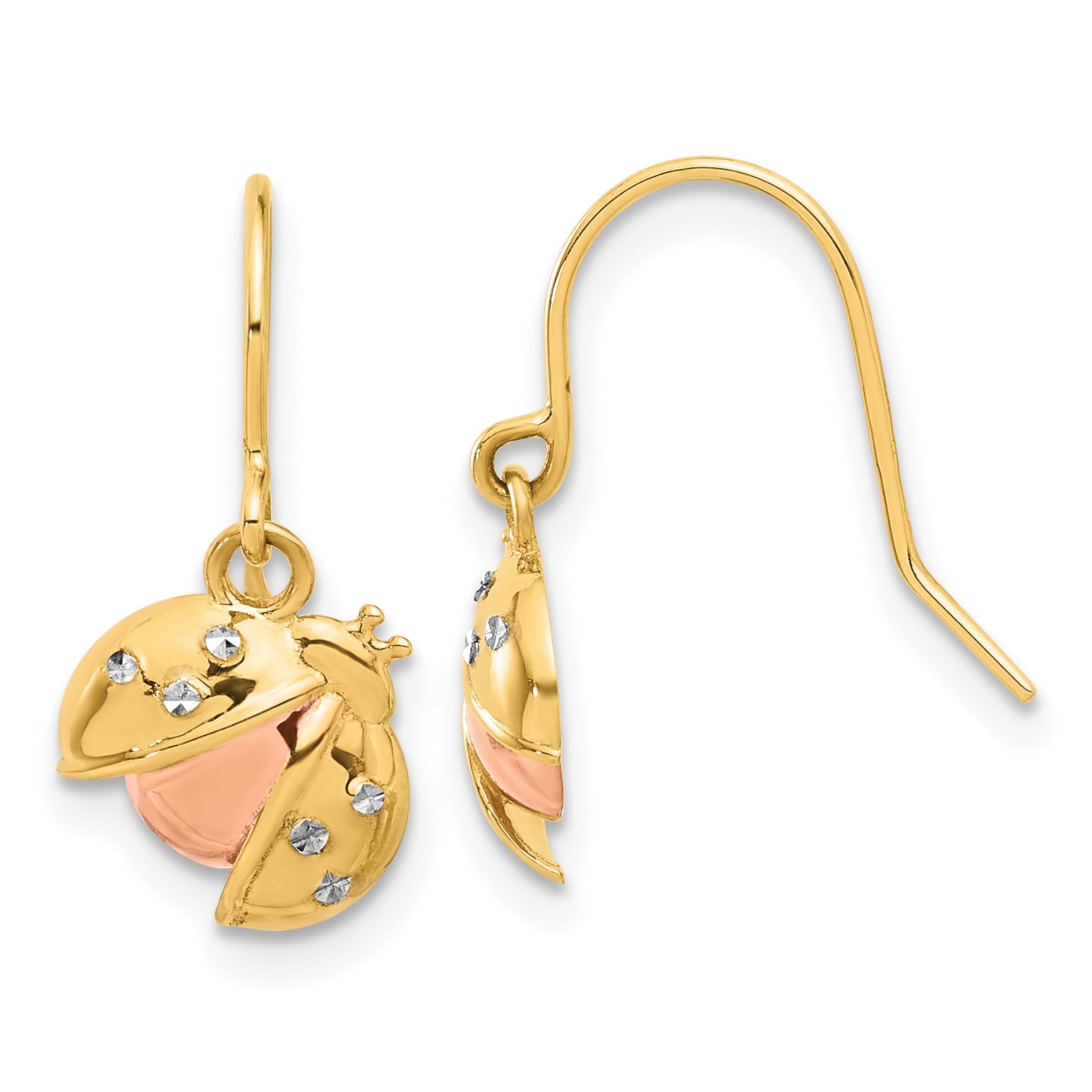 14k w/Rose and White Rhodium D/C Ladybug Dangle Earrings