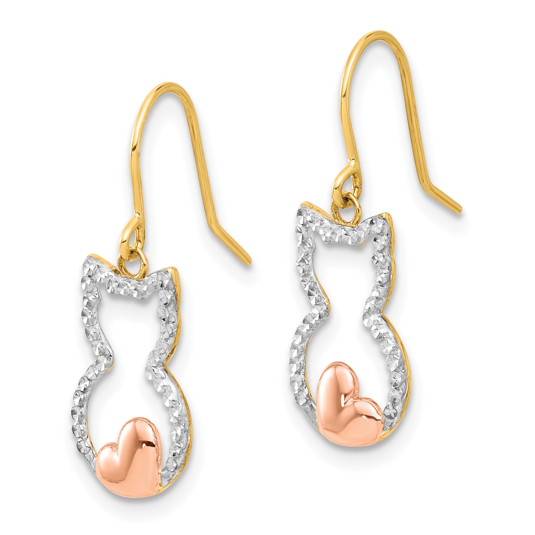 14k w/Rose and White Rhodium D/C Cat Outline Dangle Earrings Secondary image