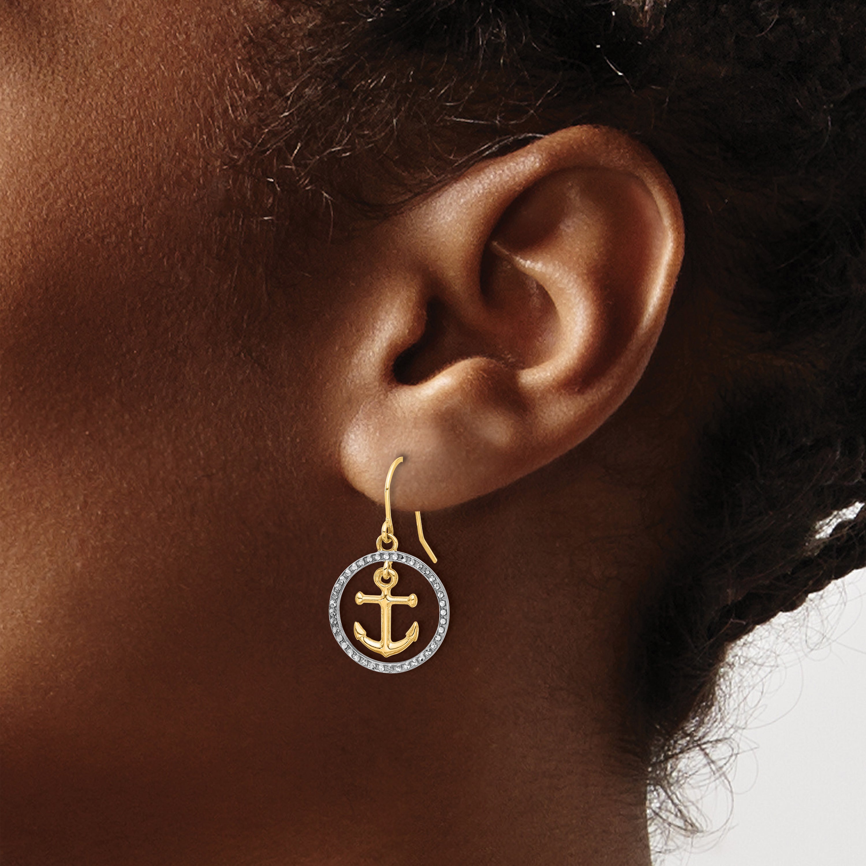 14k and White Rhodium D/C Anchor Dangle in Circle Dangle Earrings