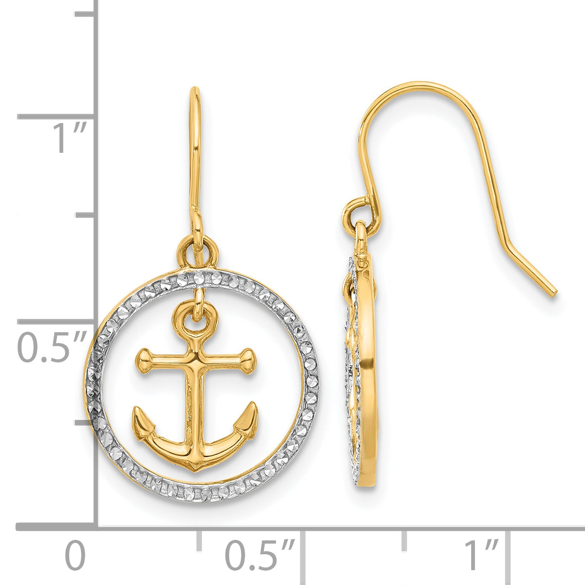 14k and White Rhodium D/C Anchor Dangle in Circle Dangle Earrings