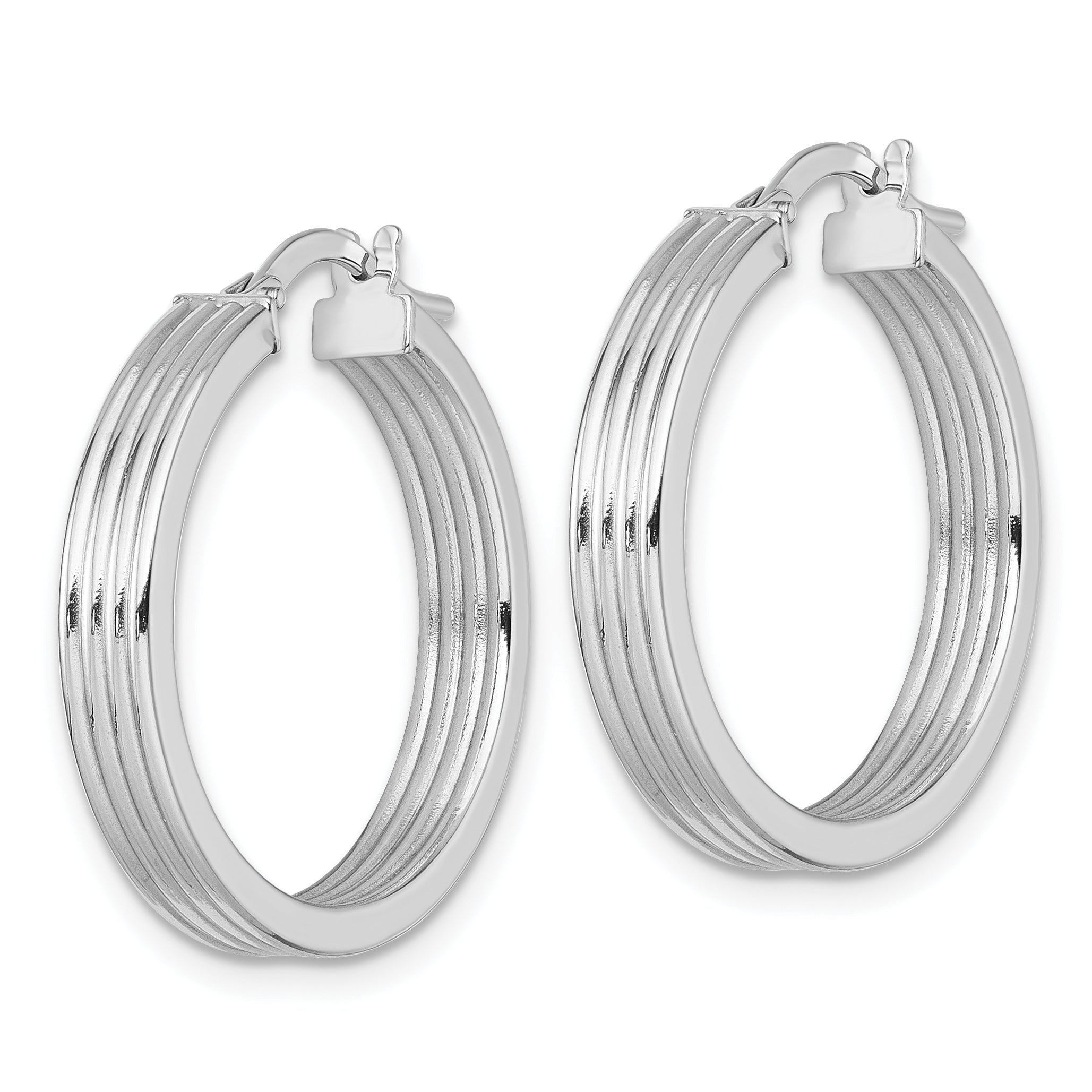 14k White Gold Polished and Grooved 4.00 x 24mm Tube Hoop Earrings
