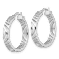 14k White Gold Polished and Grooved 4.00 x 24mm Tube Hoop Earrings