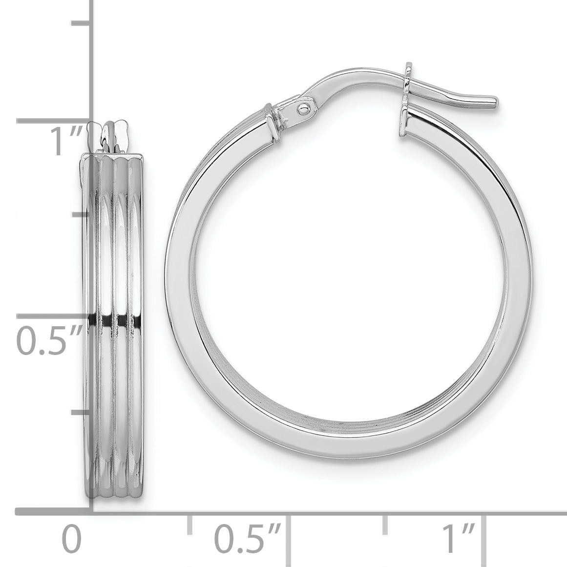 14k White Gold Polished and Grooved 4.00 x 24mm Tube Hoop Earrings