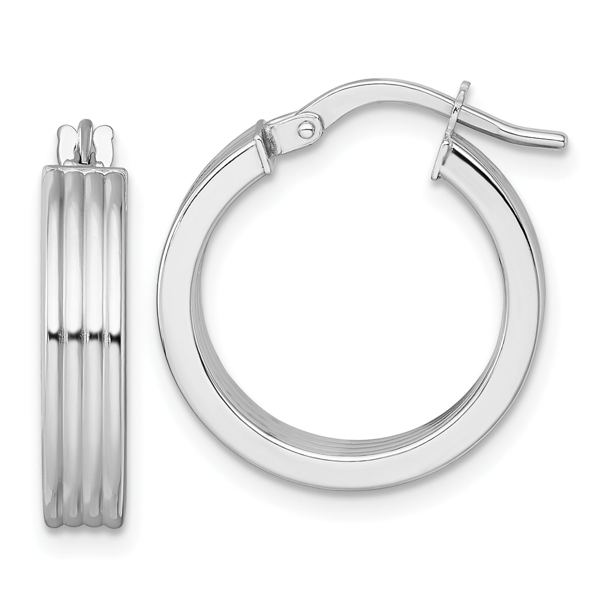 14k White Gold Polished and Grooved 4.00 x 18mm Tube Hoop Earrings