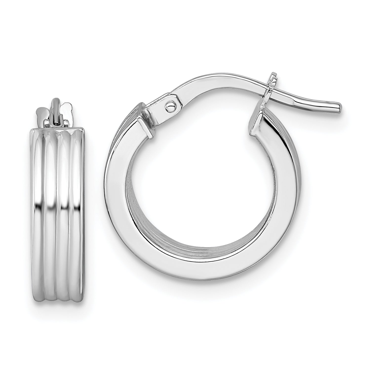 14k White Gold Polished and Grooved 4.00 x 15mm Tube Hoop Earrings
